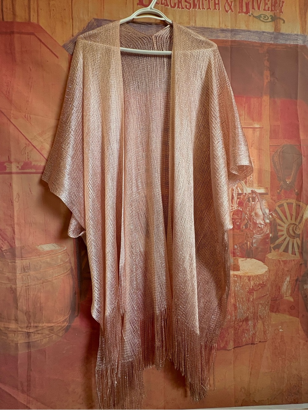 Rose Blush Metallic Sparkle Fringe Kimono Duster One Size M–3X